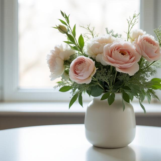 En smuk sammensætning af aktuelle årstidsblomster i en keramikvase